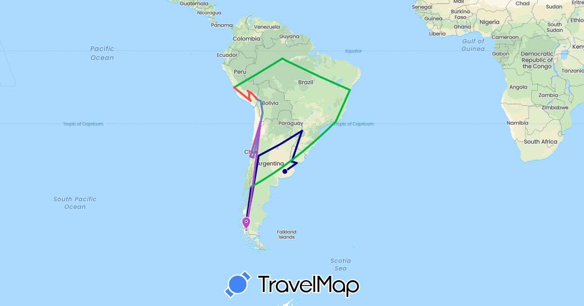 TravelMap itinerary: driving, bus, cycling, train, hiking in Argentina, Bolivia, Brazil, Chile, Peru, Uruguay (South America)